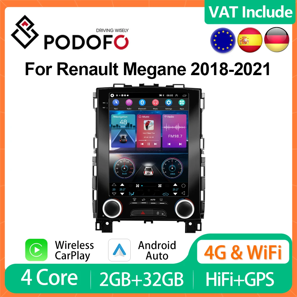 Podofo CarPlay Android Auto Radio For Renault Megane 2018-2021 Car Multimedia Player GPS Stereo Head Unit Ai Voice Autoradio RDS