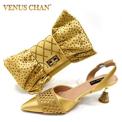 2025 New Summer Collection Stylish Italian Women’s Shoes and Bag Set in Gold Colour - Comfortable Mid Heels With Rhinestones
