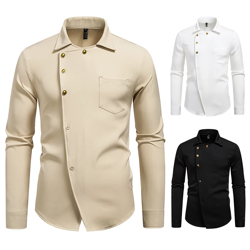 Men Long Sleeve Turndown Collar Mens Dress Shirts Cool Diagonal Placket Design Casual Male Clothes Chemise Hemd Homme Shirt S258