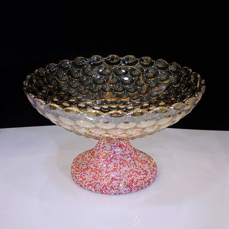 Bling Diamond Glass Fruit Tray High Foot Collar Tea Table Home Snacks Tea Points Plate Candy Bowl Dessert Snack Display Tray