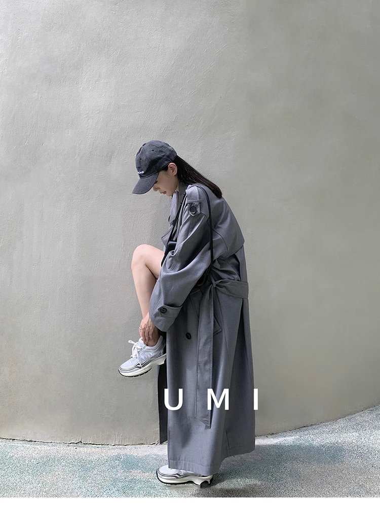 Lautaro Spring Autumn Oversized Khaki Long Grey Trench Coat for Women Double Breasted Loose Casual Korean Fashion Overcoat 2024 29