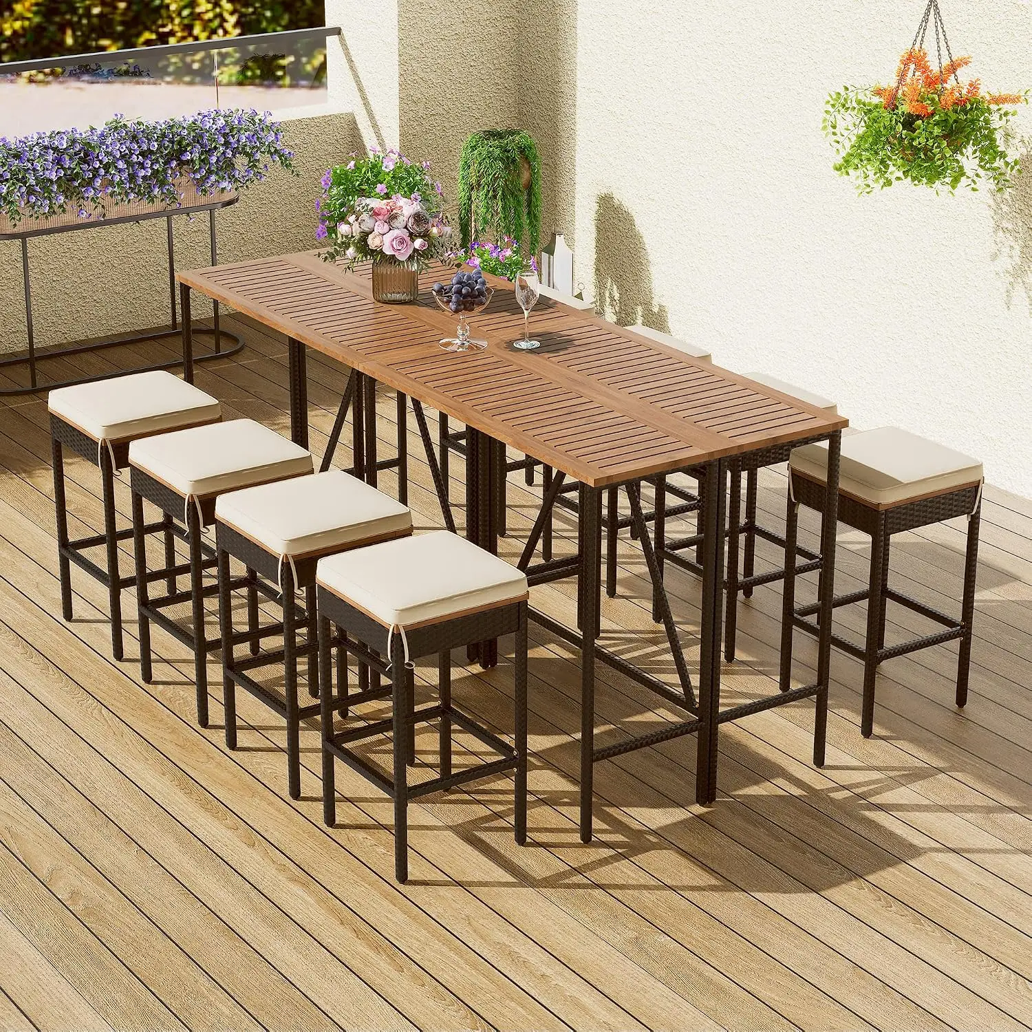 9 Piece Outdoor Wicker Bar Table Chairs Set Counter Height Acacia Wood Foldable Top 8 PE Rattan Stools Cushions All Weather High
