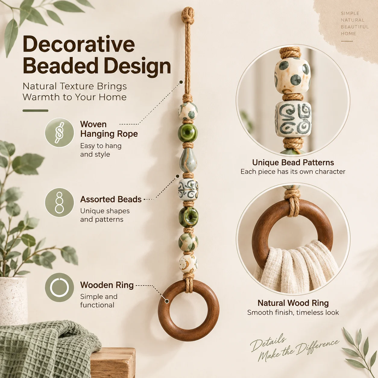 2/4 Pcs Beaded Towel Holders with Wooden Rings, Boho Farmhouse Style Woven Hanging Hand Towel Rings