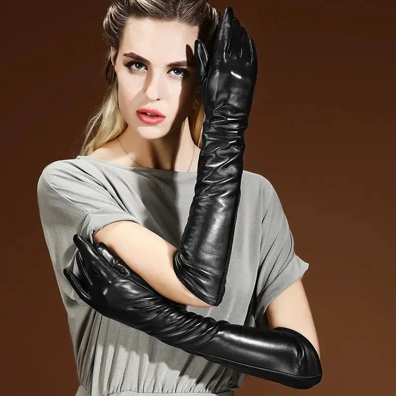 セクシーな黒のパンク風ロングpuレザーグローブ-レディース-冬用-薄手-おしゃれなフルカバーフィンガーレスグローブ-中厚