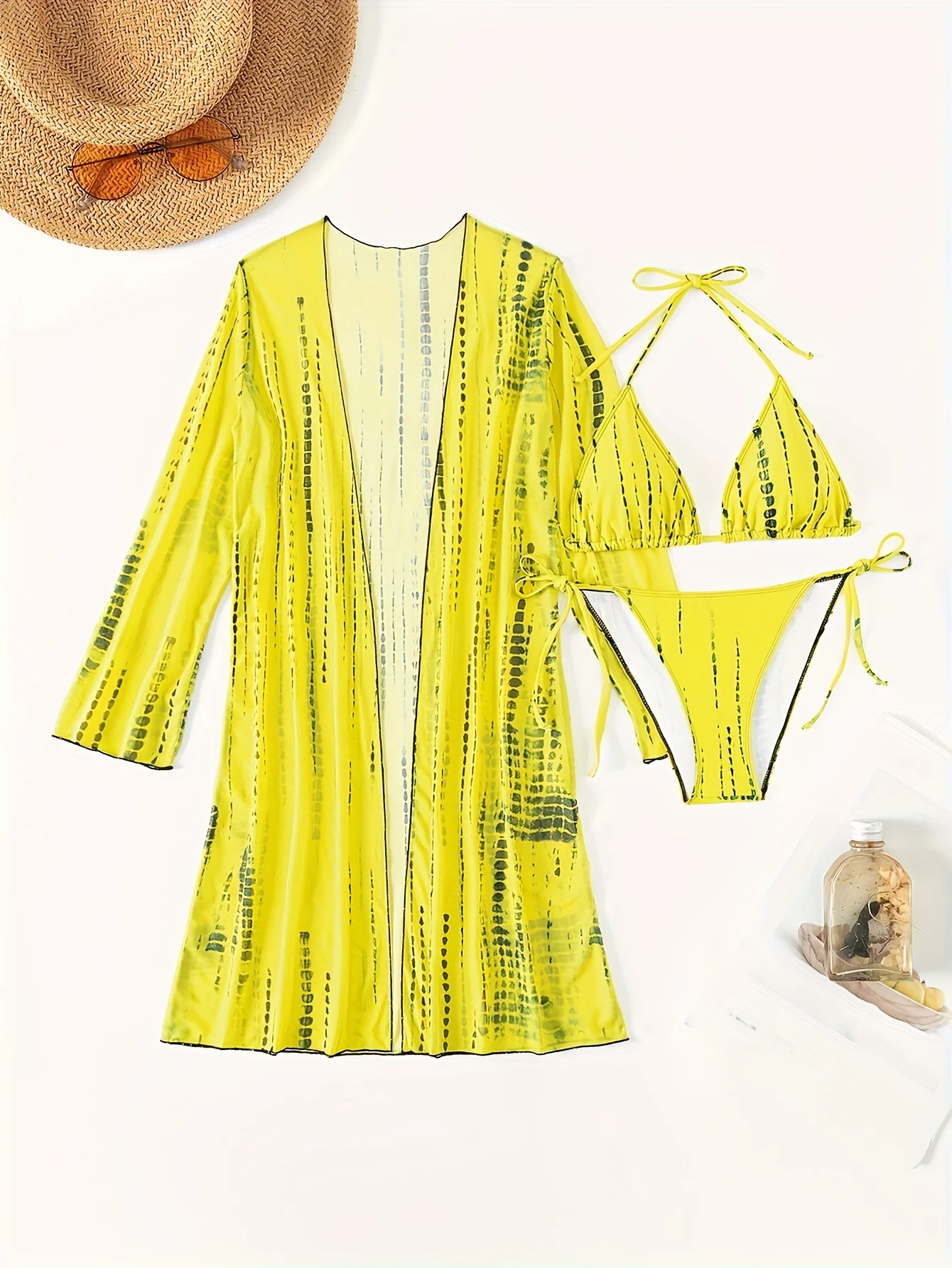 2026 럭셔리 옐로우 타이다이 수영복 세트 - 스트럭처드 홀터탑, 조절 가능한 하의, 시어 커버업, 엣지 패션 바캉스 수영복