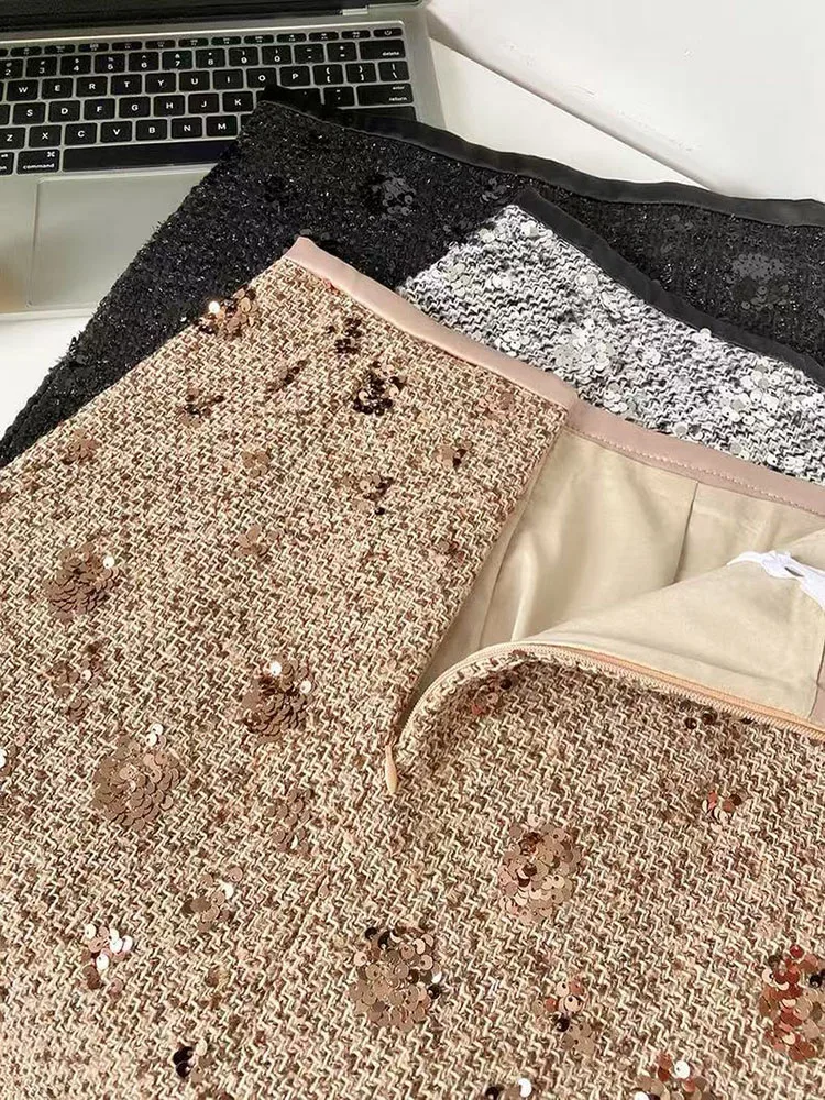 Christmas Red Women's Bling Tweed Pencil Skirt With Sequins Autumn Winter Slim Sexy Nigh Club Mini Short Skirts Woman