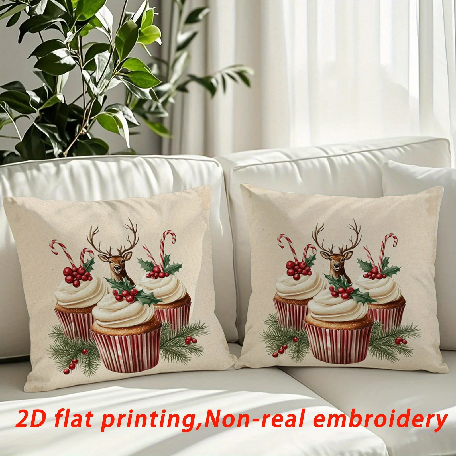 2pcs Festive Cupcake Reindeer Print Pillow Cover Machine Washable, Zipper Closure Polyester, Ideal for Indoor/Outdoor Sofa