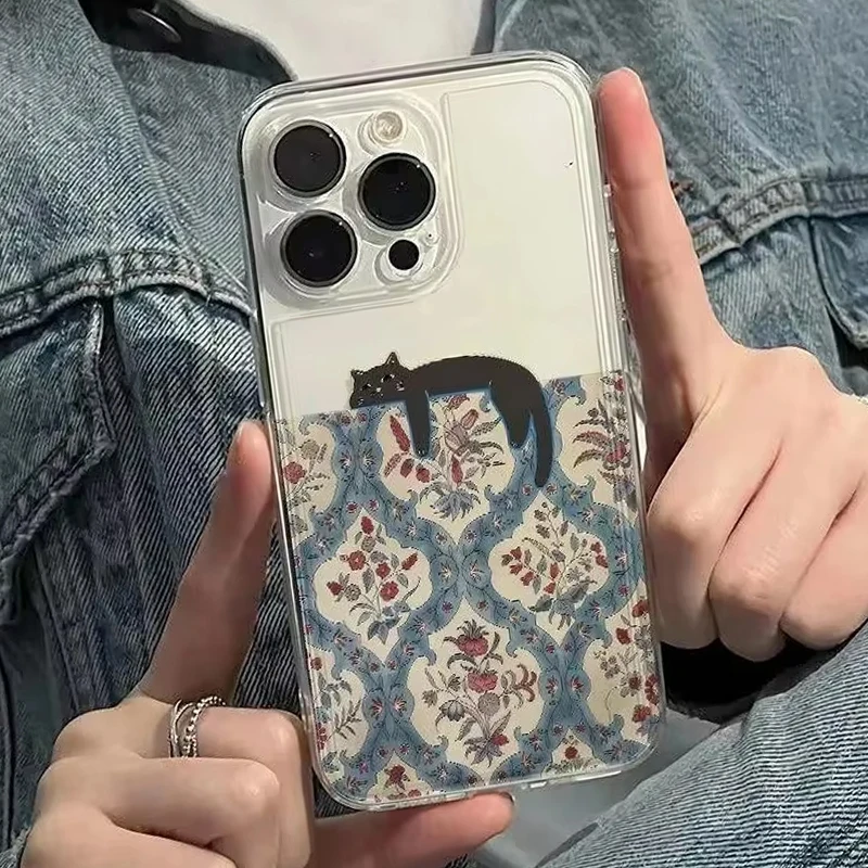 Retro Black Cat Pattern Vintage Phone Case For iPhone 18 17 16 15 14 13 12 11 Pro MAX XR XS 17air 7 8 Plus 16e Transparent Cover view 3