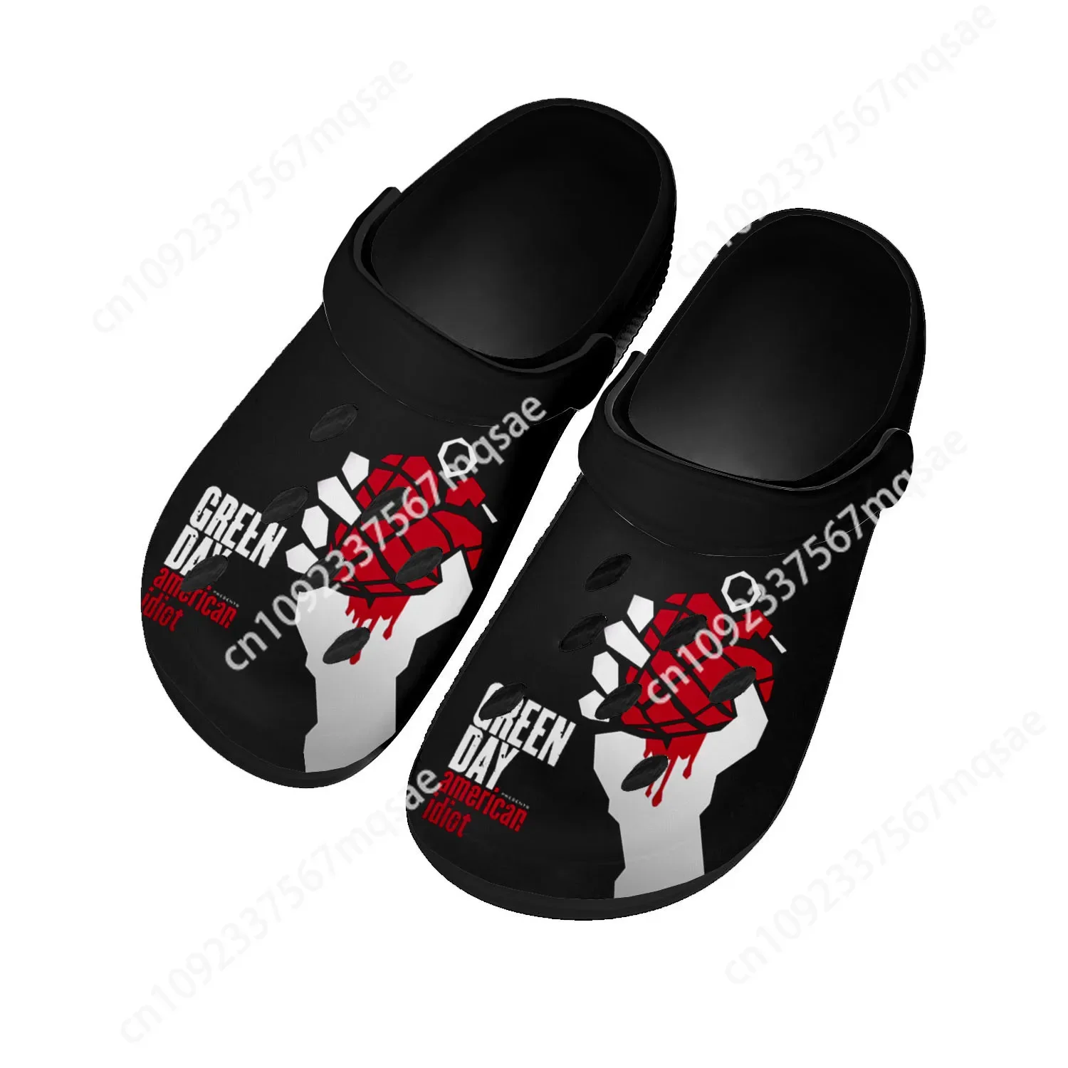 Green Day Pop Rock Band Home zuecos personalizados para hombres y mujeres, zapatos de agua para adolescentes, Zueco de jardín, zapatillas transpirables Con agujeros para playa, negro