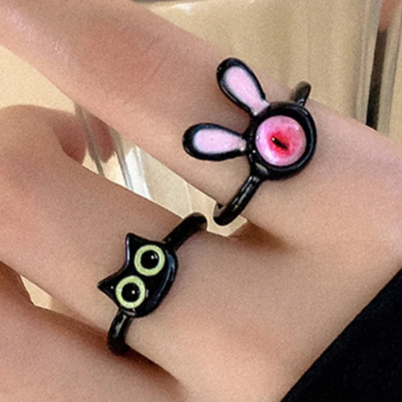 Women Cartoon Black Cat Monster Ring Female Ins Open Adjustable Index Neo-Gothic Finger Rings Kiddie Party Gift Fashion Jewelry