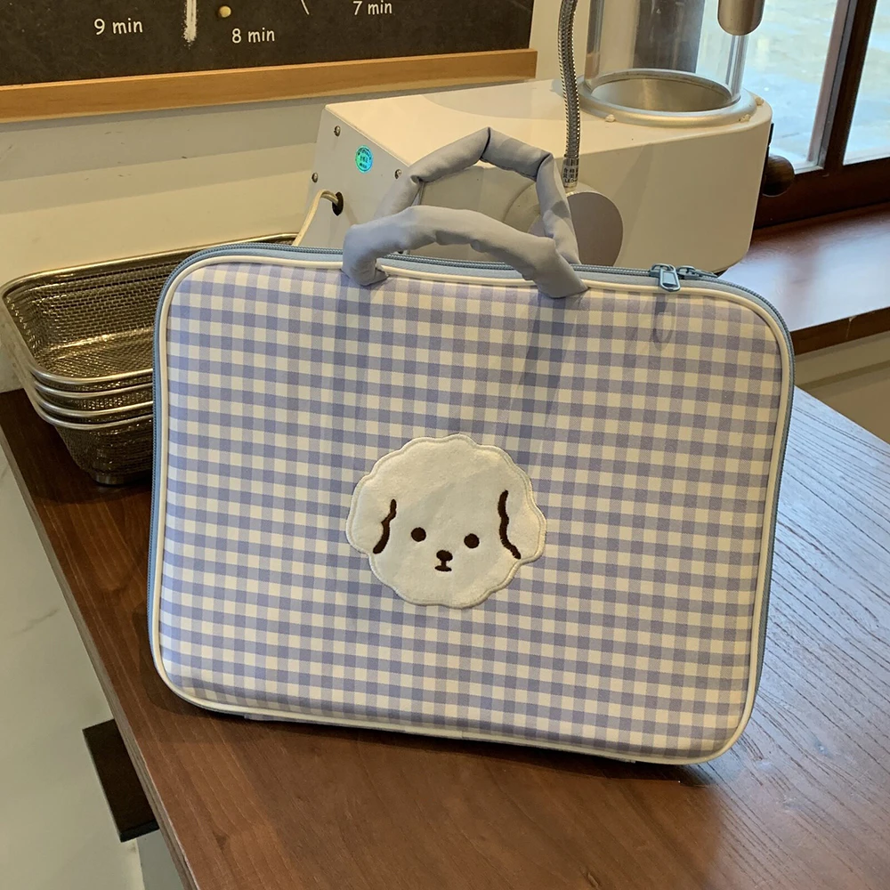 Little Bear Blue Checkerboard 13/14 inch Computer Bag, Korean Cute Cartoon Laptop Storage Bag Inner Protective Cover