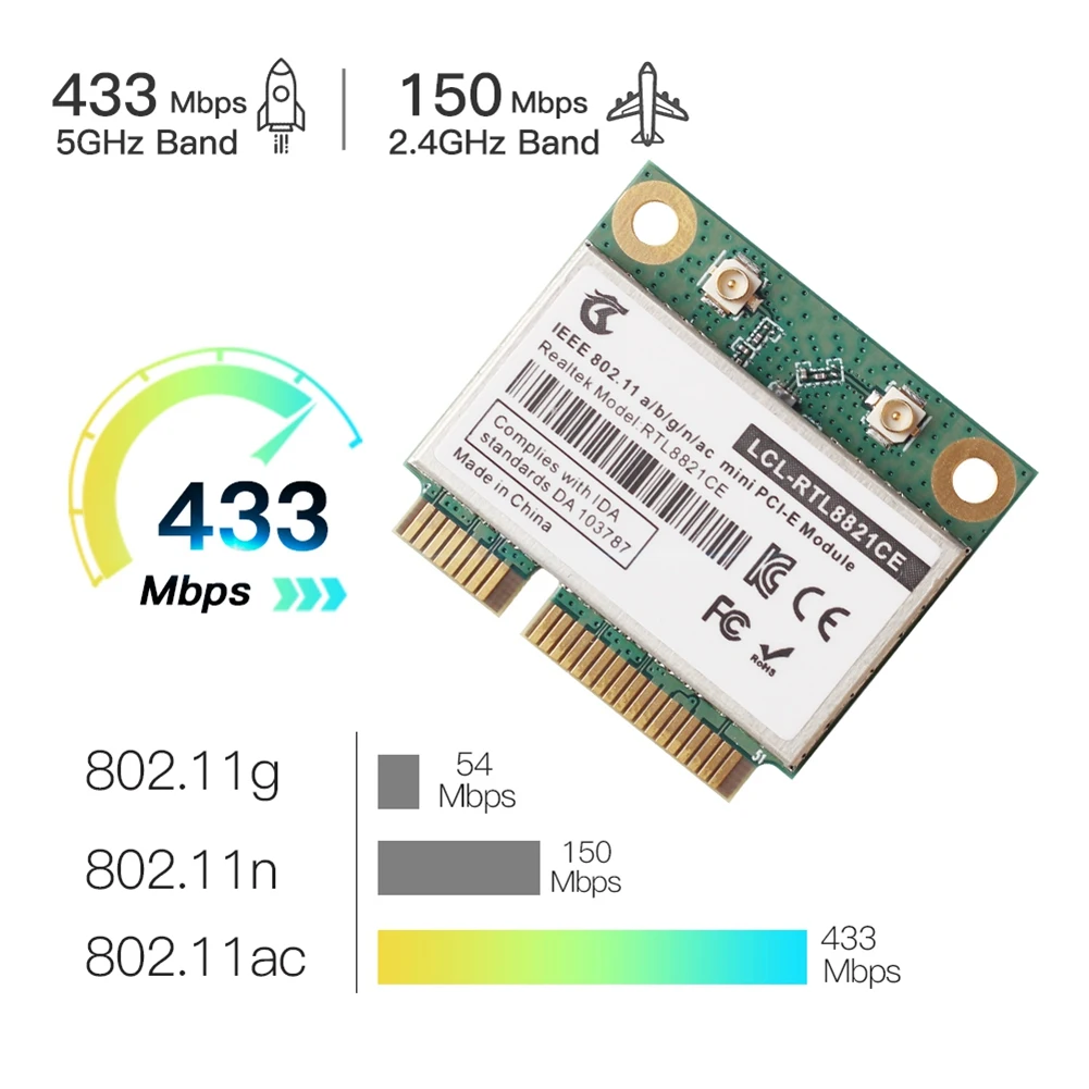 Dual Band Mini PCIe Wi-Fi Card, Suporte Portátil, PC, Bluetooth 4.2, 433Mbps, 2.4GHz, 5Ghz, RTL8821CE, 802.11AC