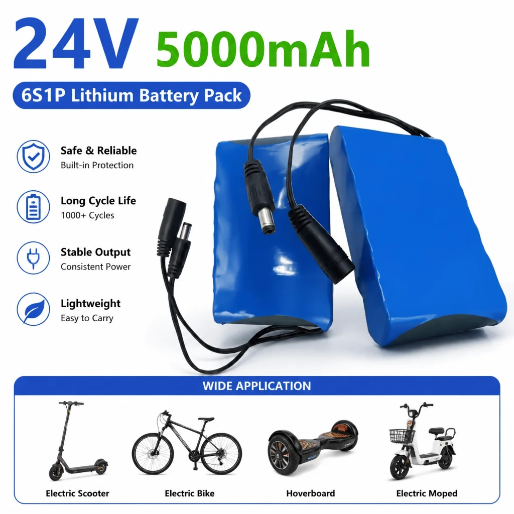 PURFIELD High Safety 6S1P 18650 Li-ion Battery Pack 24V 5000mAh Rechargeable Power Supply with Complete BMS Protection Board