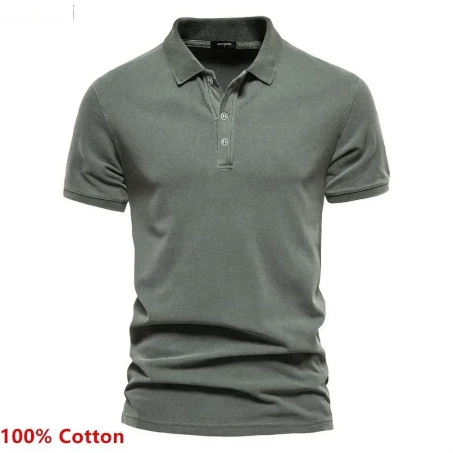 Men's Summer Short Sleeve Lapel Polo Shirts 100% Cotton Solid Slim T-shirts Fashion Casual Business Golf Sport Tops for Men