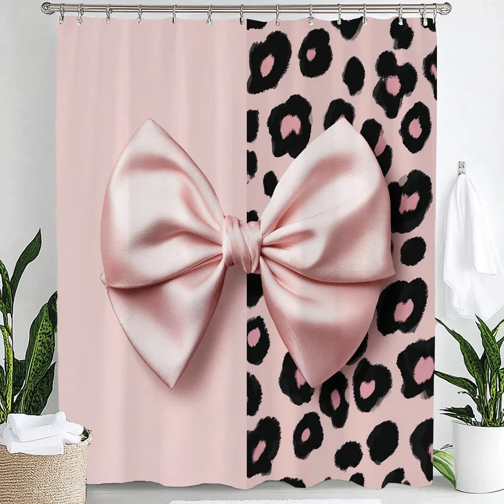 1pc Romantic Pink Bow Print Waterproof Shower Partition Privacy Hanging Curtain with 12 Hooks Multiple Size Machine Washable