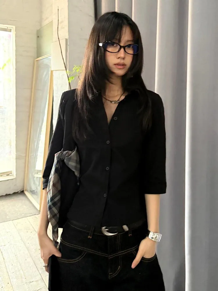 Genayooa Vintage Freizeithemd für Damen, Dreiviertelärmel, schwarze Hemden, 2000er Jahre, japanische Y2k-Retro-Tops, schmale Hemden, Streetwear-Blusen-Tops – Detail 6