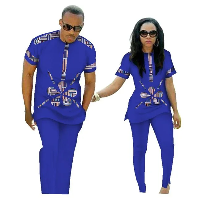 Venda quente casais africanos mulheres impressão cera algodão moda retalhos vestido quente & masculino 2 peças conjuntos de camisa e calças