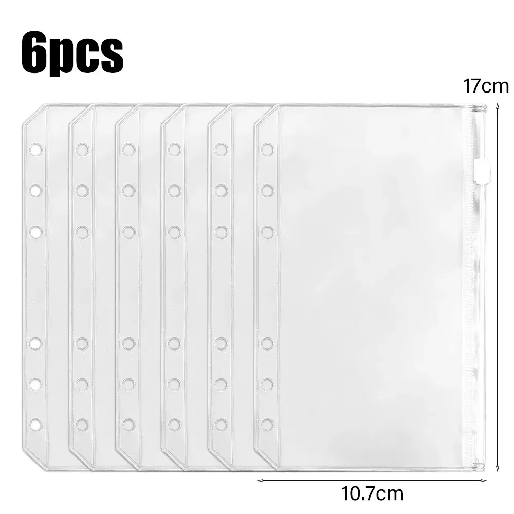 6Pcs New A6 6-Hole Binder Pockets PVC Waterproof Zipper Binder Pouches Receipt Bag Transparent Savings Challenge Binder Pockets