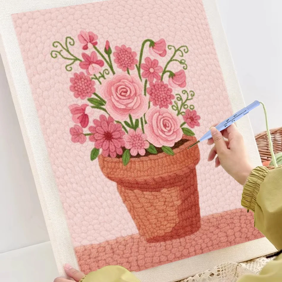 

Punch Needle Kit with Frame Easy DIY Punch Needle Embroidery Kit for Beginners Adults Kids Pink Flower Sewing Sets Craft Supplie