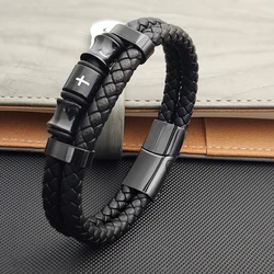 Charm Special Cross Double-layer Leather Men's Bracelet Stainless Steel Cross Bangles Charm Jewelry for Friend Husband Gift