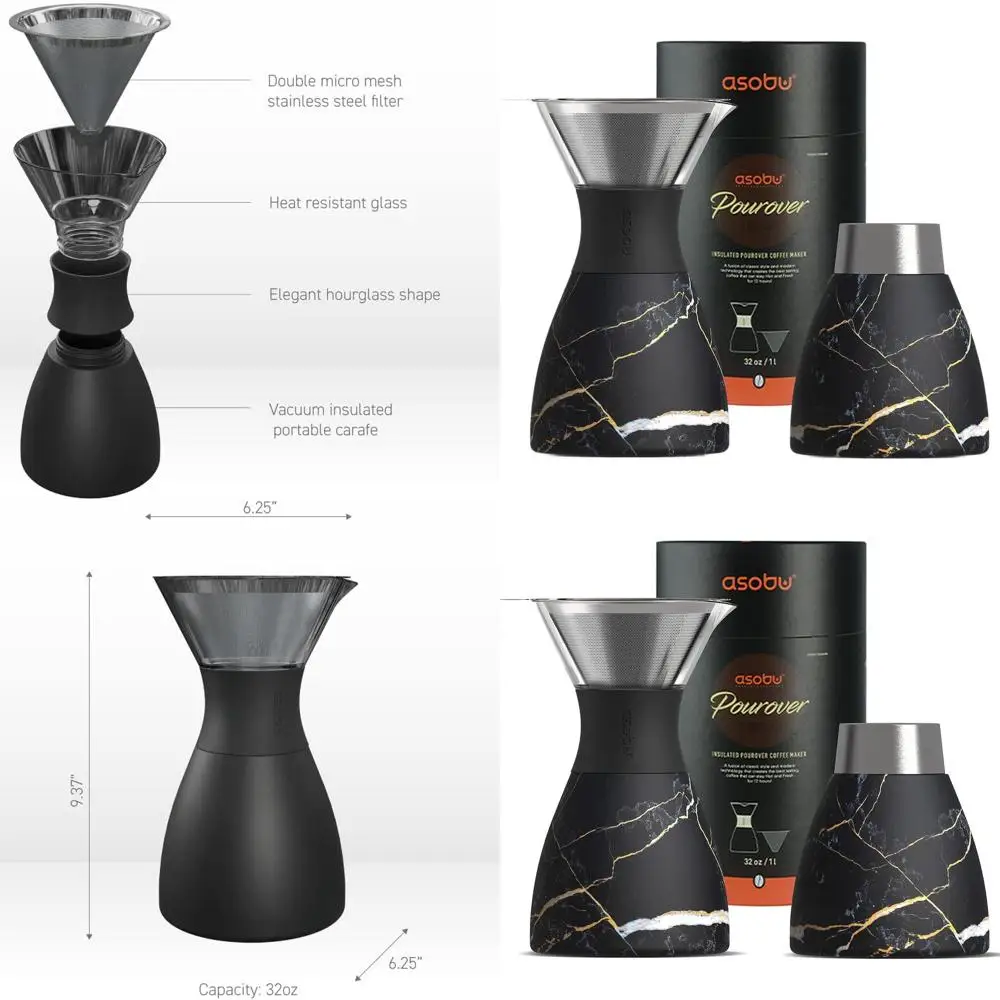 

Double-Walled Vacuum Insulated 32 oz Pour-Over Coffee Maker with Stainless Steel Filter and Portable Carafe in Midnight Marble