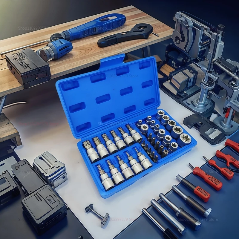 34Pcs Torx Star Sockets and Bit Set with Storage Box E-Security Male Female Drive Hand Tools for Automotive Electronics