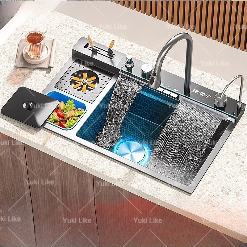 Stainless Steel Waterfall Kitchen Sink Digital Display Large Single Slot Multifunctional Dishwashing Sinks Embossed Washbasin