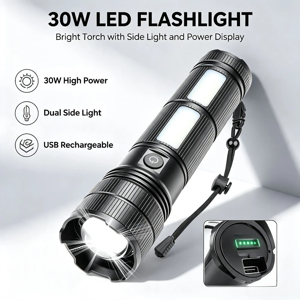 Zoomable Flashlight With COB Side Light Digital Power Display Built in Battery Long Range Bright Torch for Hiking Night Work