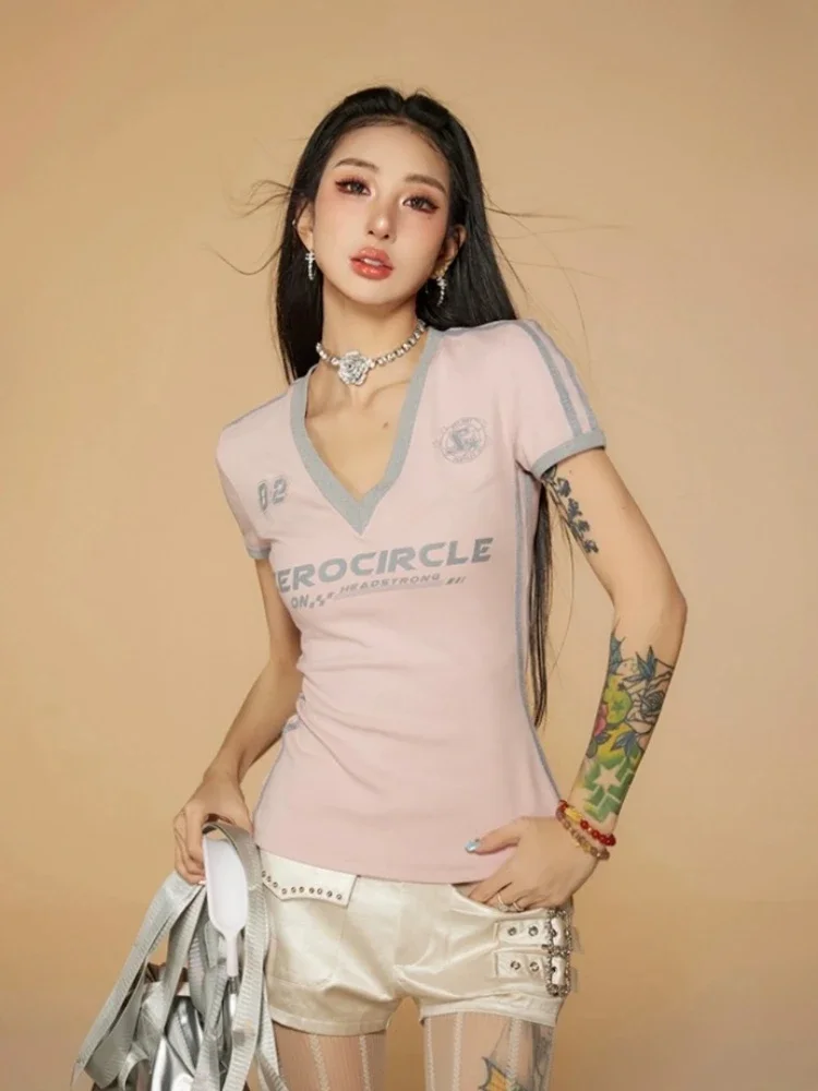 HOUZHOU Y2k Patchwork Streetwear T Shirts Women American Retro Fashion Design Sexy Letter Print Slim Tees Tops E-grils Chic New