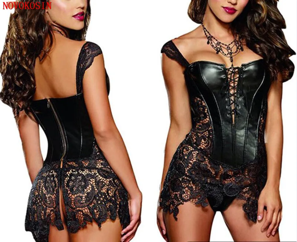 

S-6XL Plus Size Sexy Lingerie Underwear Women Black Faux Leather Lace Burlesque Steampunk Corset Dress Gothic Bustier Corselet