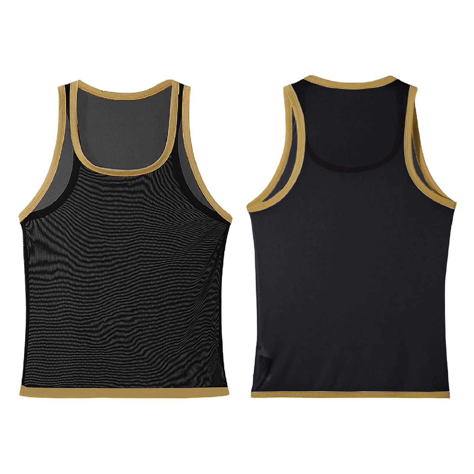 الرجال تنفس انظر من خلال شبكة الرياضة تانك الأعلى U الرقبة أكمام التباين اللون تقليم سترة رياضية للياقة البدنية كمال الاجسام