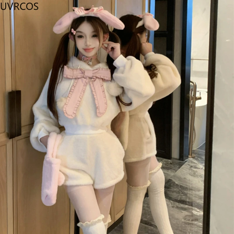 Fall Winter Kawaii Lolita Shorts Set Women Sweet Bunny Ear Hooded Hoodies Cute Plush Ball Shorts Suit Korean Casual 2 Piece Sets