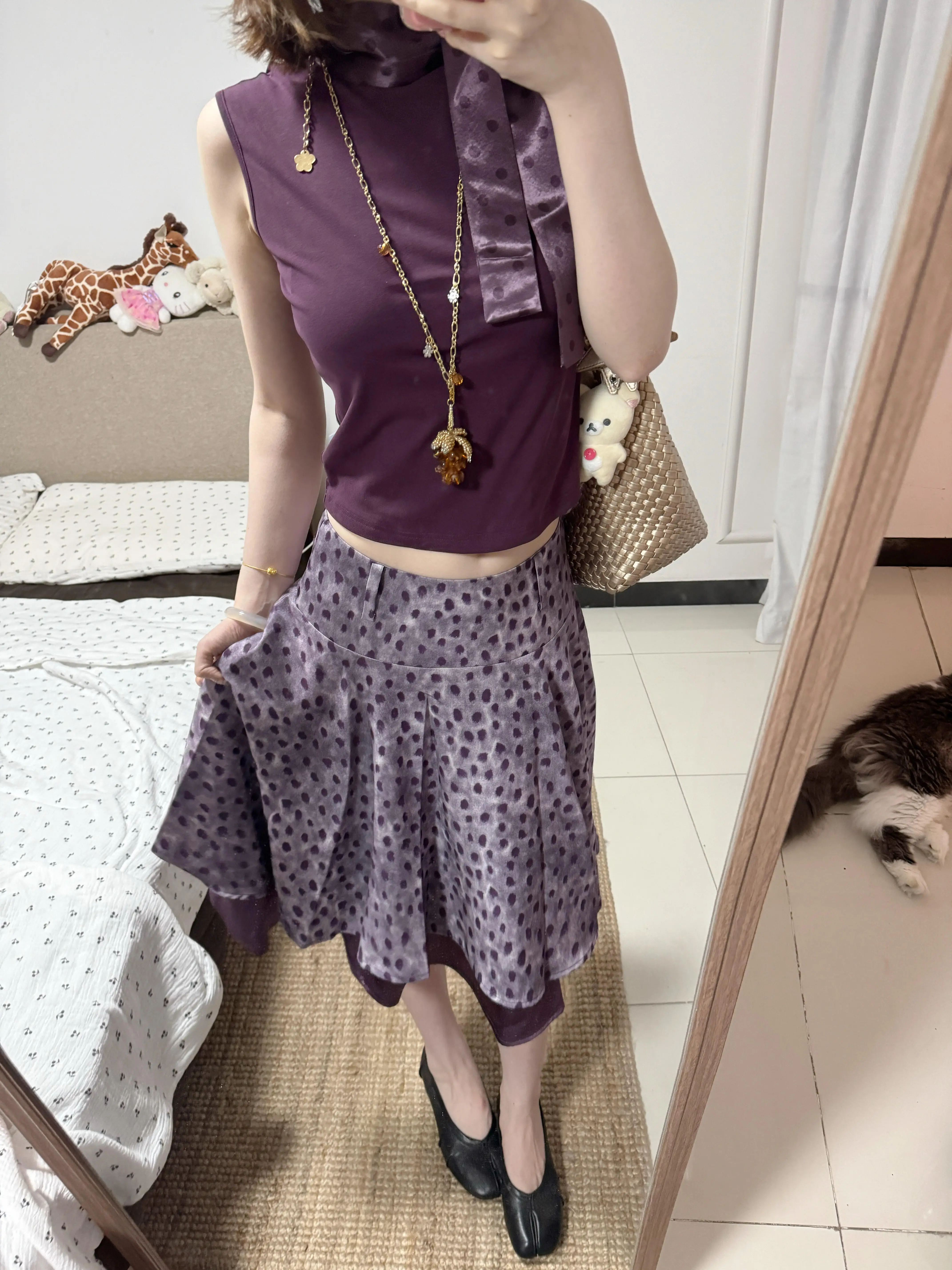 American Style Spotted Satin Half Skirt Retro Fuzzy Purple Double Layered Spring Summer New Medium Length Women's Skirt