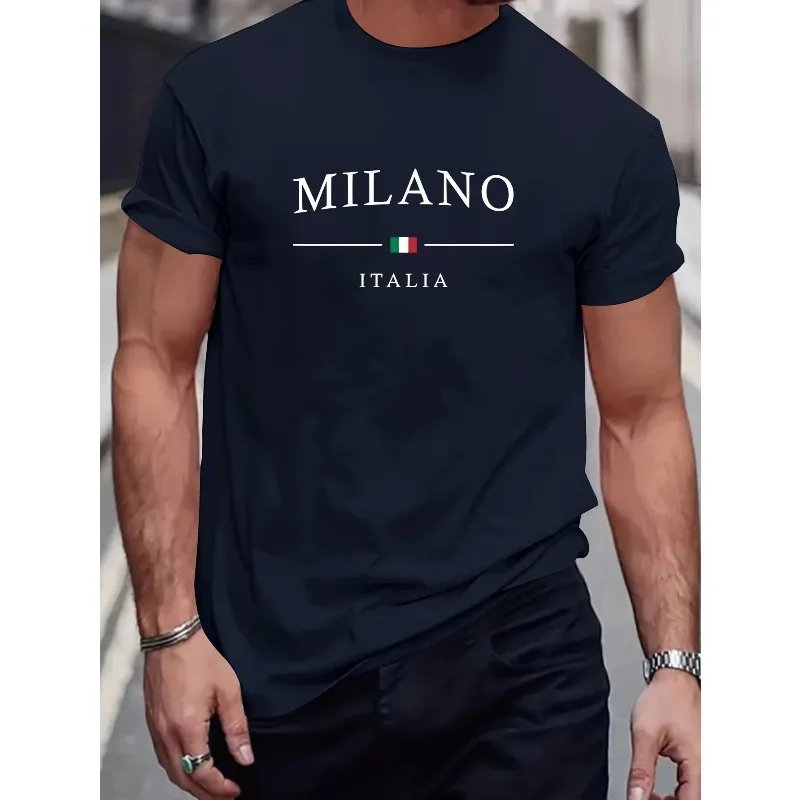 Men's Summer 100% Cotton Fashion MILANO Letter Printed Loose Large Casual Comfortable Round Neck Short Sleeve T-shirt Top