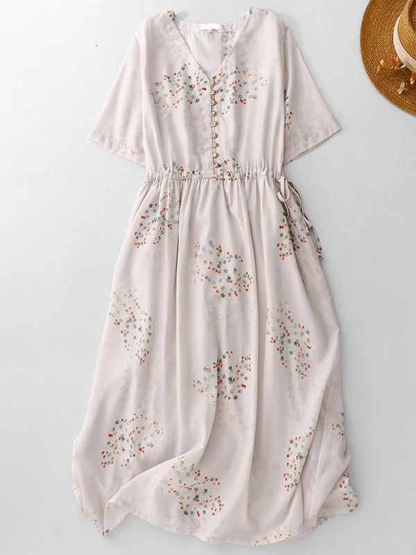 

Летнее тонкое хлопково-льняное платье миди с V-образным вырезом, завязками на талии, стройнящим эффектом, цветочным принтом, в корейском стиле, свободного кроя, с коротким рукавом