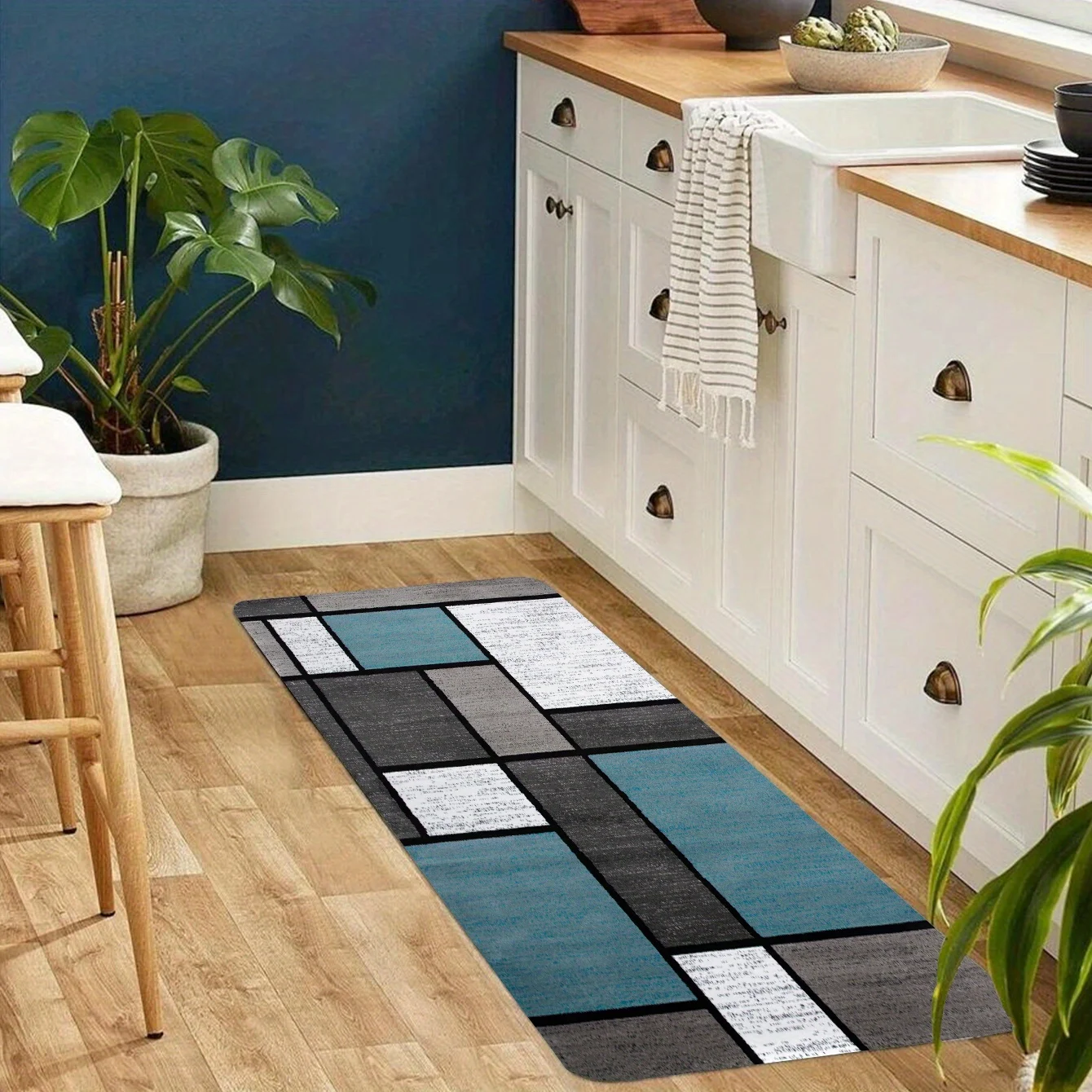 Modern Geometric Patchwork Kitchen Bath Mat,Non-Slip Soft Absorbent Long Floor Rug with Teal & Grey Block Print for Contemporary