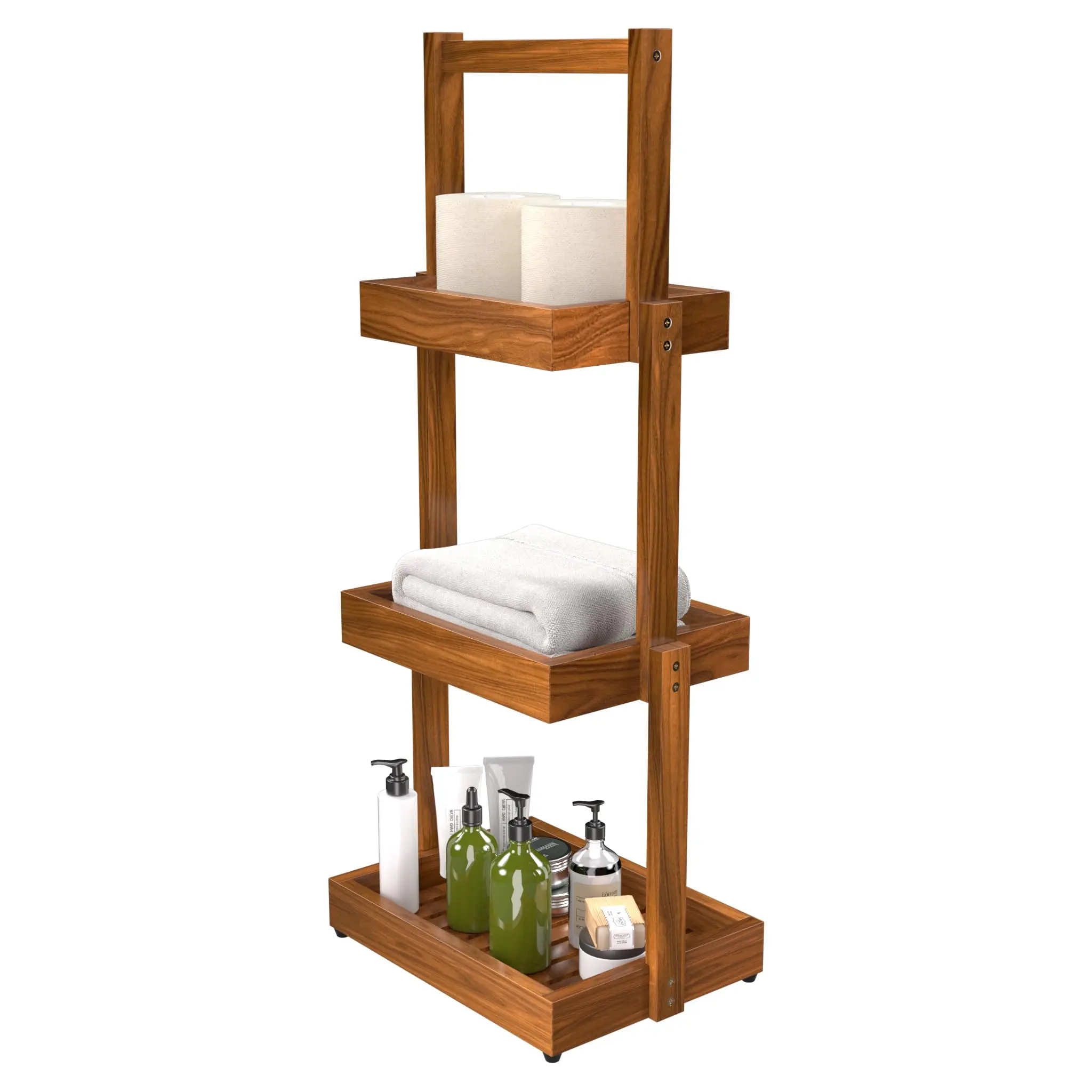 

Teak 3-Tier Shower Shelf Bathroom Organizer With Non-Slip Base Rustproof Standing Towel Rack Toilet Paper Holder