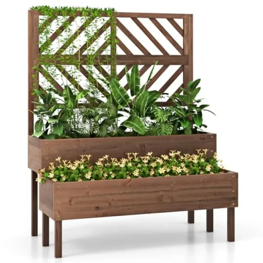 Raised Garden Bed with Trellis and 2 Planter Boxes, 2-Tier Outdoor Wooden Elevated Planter Box with Legs and Drainage Holes, Ga
