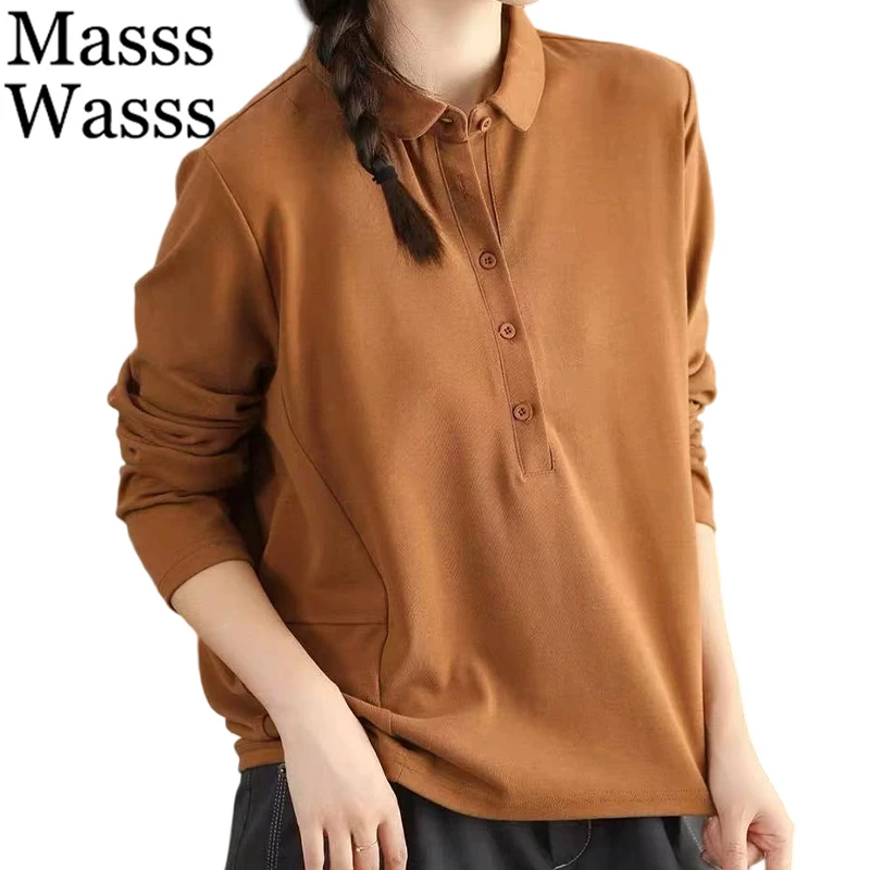 

Masss Wasss 2025 Winter Loose Tops Womens Classic Vintage Leisure T-shirts Ladies Fashion Soild Elegant Fitness Cotton Clothes