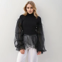 Solid Sweater For Women Stand Collar Long Sleeve High Waist Spliced Mesh Irregular Hem Slim Knitwear Female Clothes New