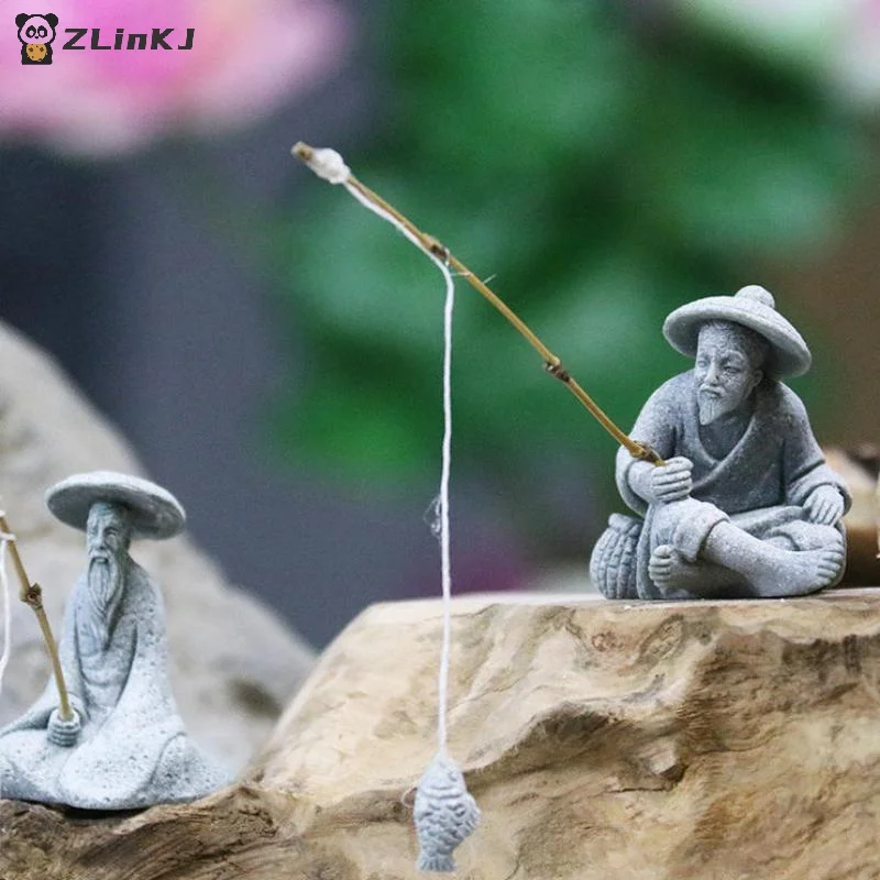 ▶ 1 Peça Estátua de Pescador Miniatura para Aquário, Decoração Zen Asiática para Casa, Ornamento Vintage de Arenito para Aquário e Jardim, Pescador Sentado