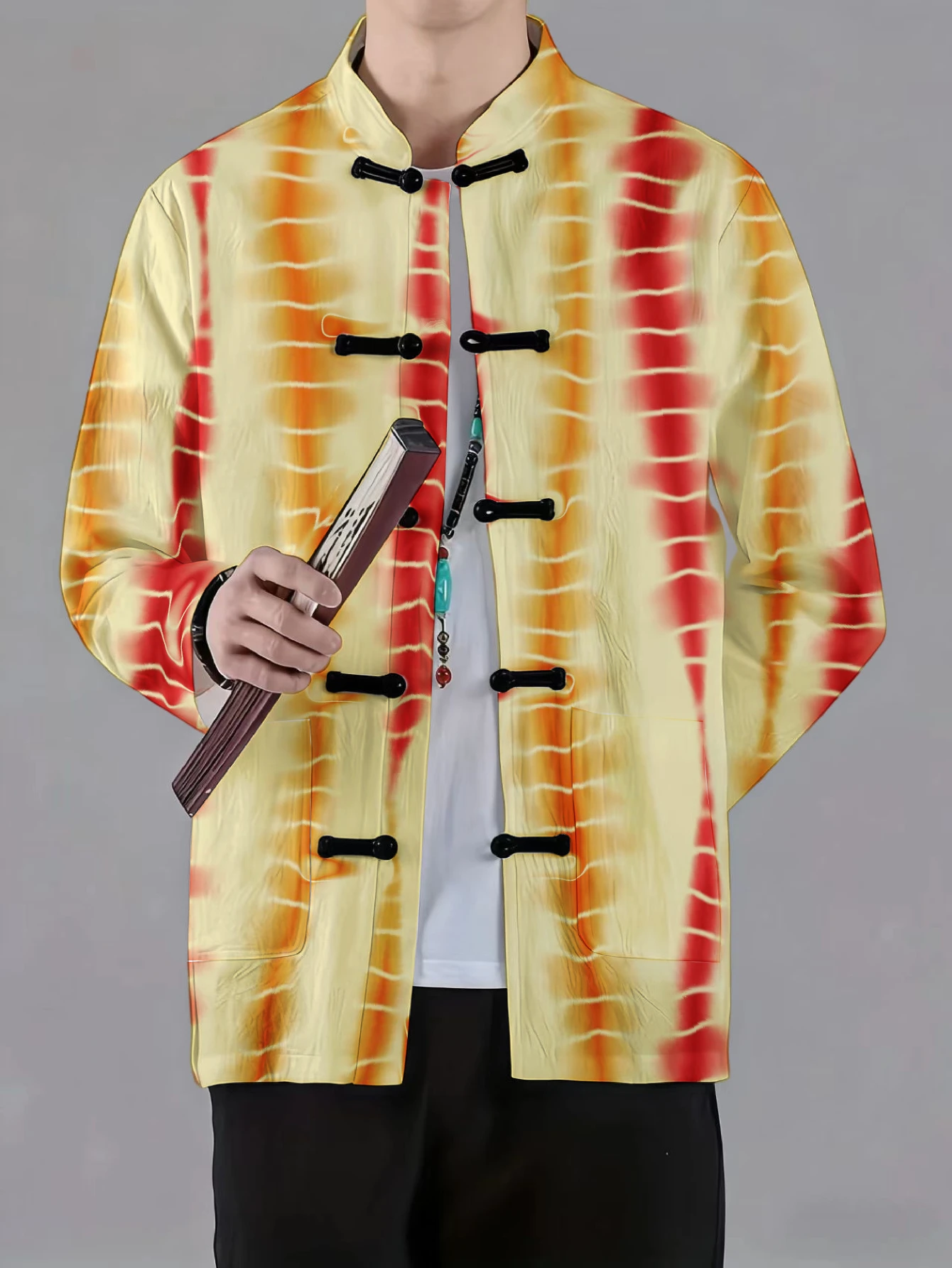Men Mandarin Collar Frog Button Jacket Tie Dye Brush Block Geometric Abstract Print Traditional Outerwear