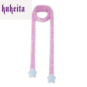 Kukeita-Lenços de malha longa feitos à mão para mulheres, lenço quente, estrela de pelúcia bonita, streetwear kawaii, rosa, azul, amarelo, meninas, Y2k, outono, inverno 8 principais vendas cachecol verde e amarelo - №2