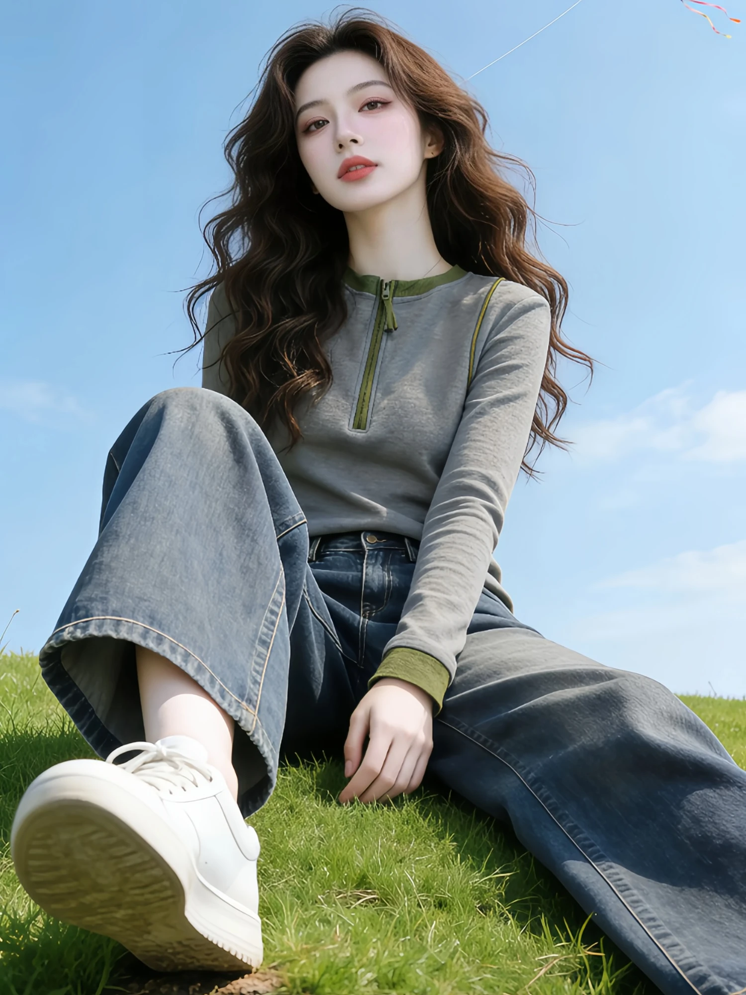 Gray Contrast Color Half Zipper Slim Fit Long Sleeve T-Shirt Women's 2026 Spring Autumn New Korean Style Simple Exquisite Top
