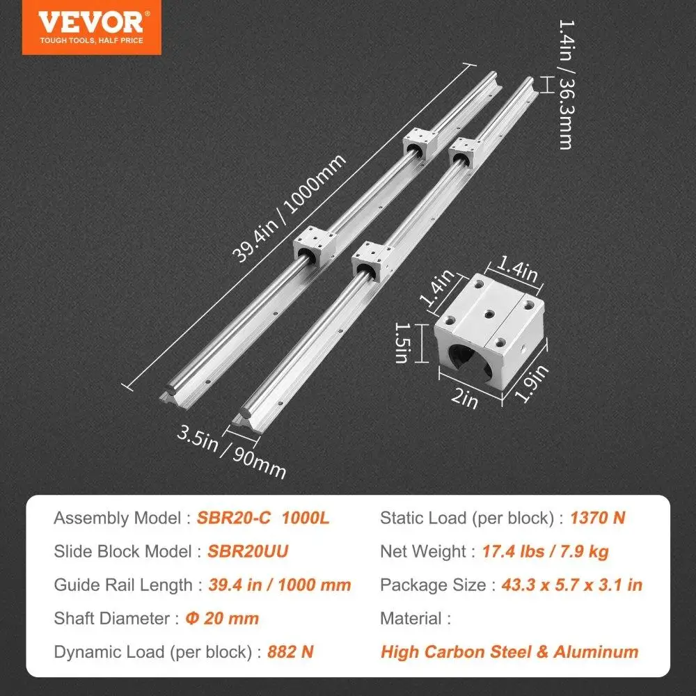 Linear Guide  Set SBR20 1000mm 2 Guide Rails 4 Slide Blocks for automated Machines DIY CNC Router Kit