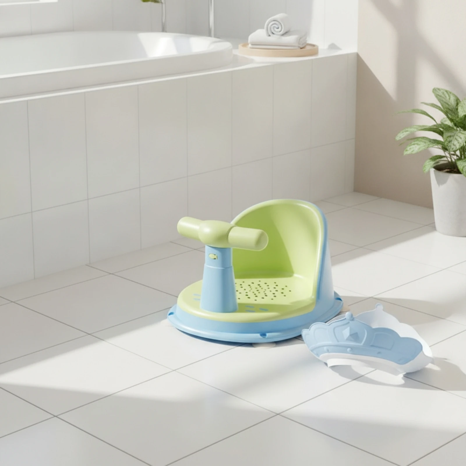 Bath Seat with Shampoo Cap Perforated Baby Bath Seat Furniture Padded Comfortable for Newborn, Bathroom view 2