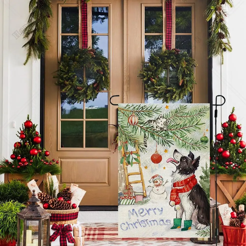 Merry Christmas Border Collie Dog Garden Flag 12x18 Inch Double Sided Small for Outside Snowman Holiday Yard Flag Polyester