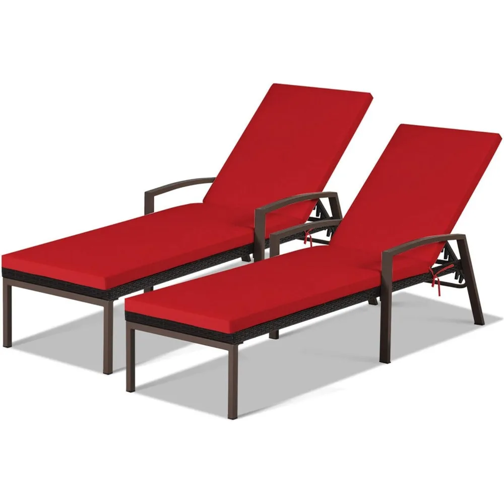 Set of 2 Patio Loungers, Outdoor Wicker Rattan Loungers, Adjustable Back and Armrests, Padded Rattan Sun Loungers