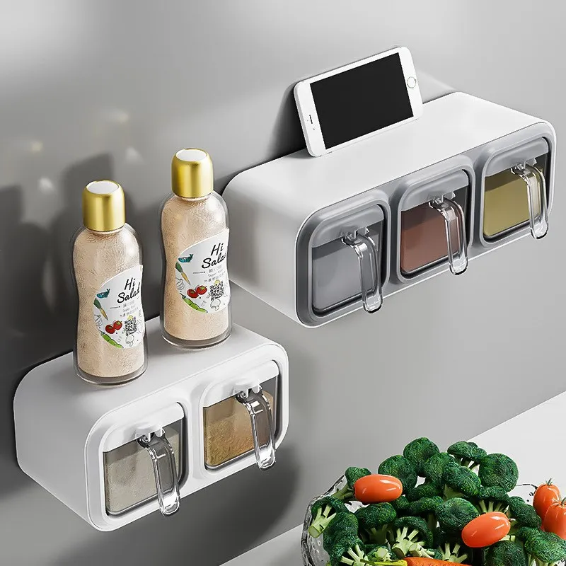 Estante de especias para colgar en la pared, botella de condimento, sin clavos, almacenamiento multicompartimento, tarro de condimento, almacenamiento de cocina para el hogar