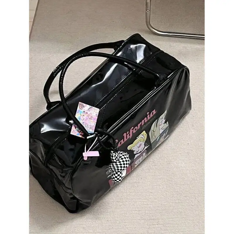 Bloom Large Capacity Black Tote Bag Female Vintage Cartoon Print Pu Leather Shoulder Bags Ladies Retro Y2k Handbag Aesthetic